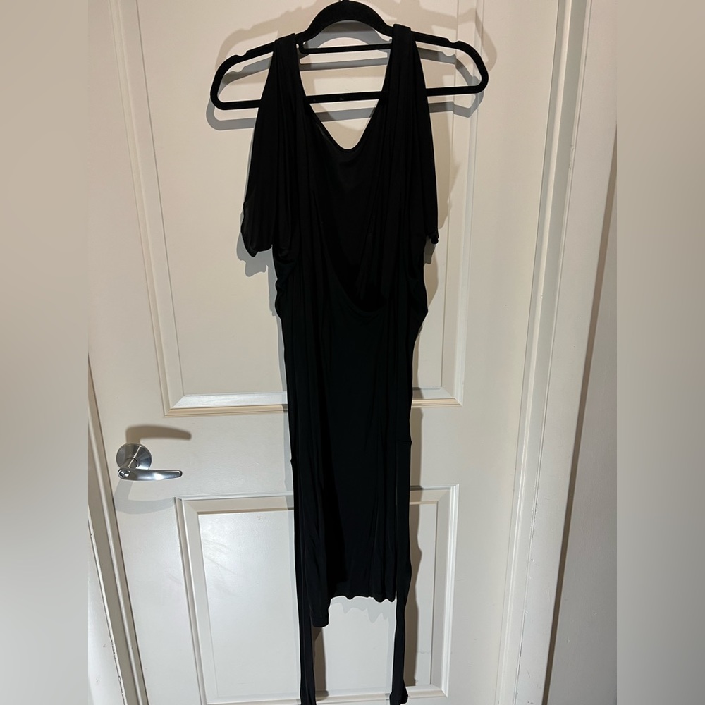 Elizabeth and James open shoulder black stretch dress with extra long sleeves